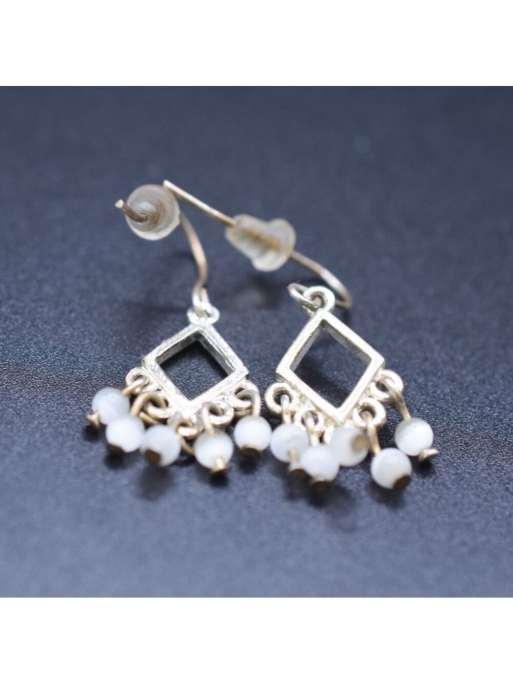 Vintage Gold-Tone Dangle Earrings With White Beads Geometric Design Elegant & Ti